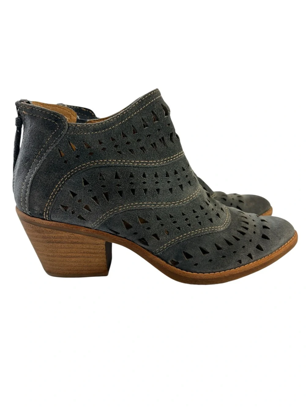 Söfft 9M Slate Blue Leather Laser Cut Western Ankle Booties